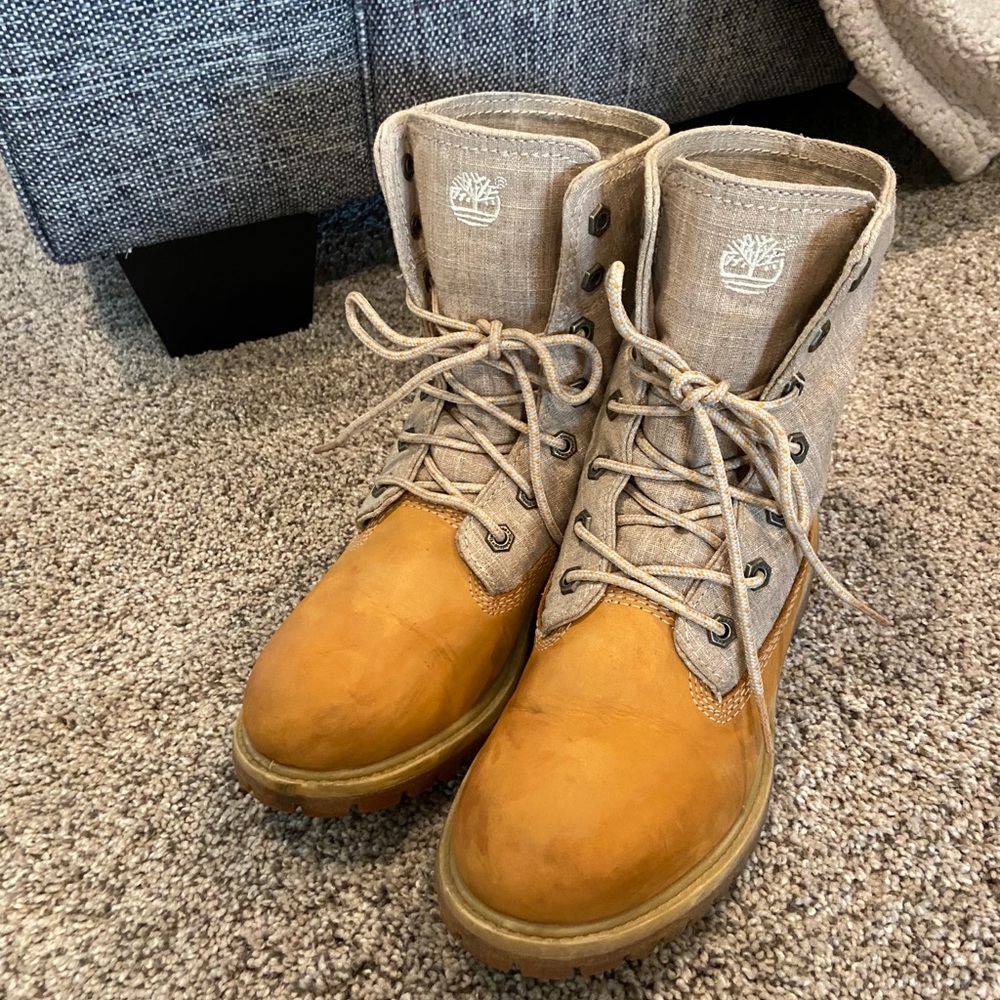 Brown and Tan cloth timberland boots!